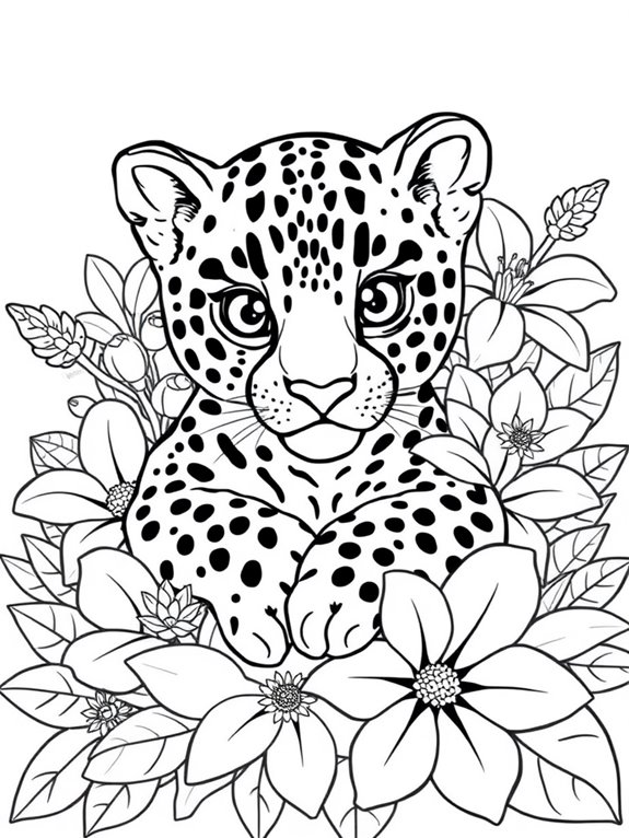 baby jaguar surrounded by flowers