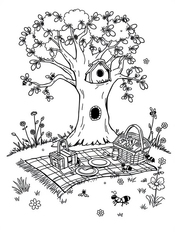 beehive picnic coloring page