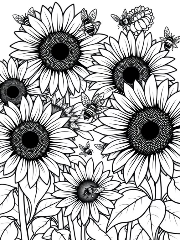 bees pollinating sunflowers illustration