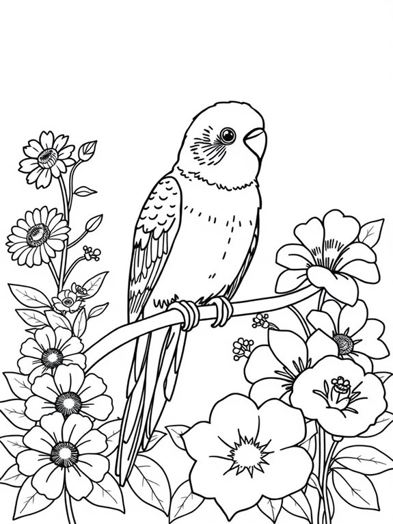 budgerigar amidst floral decorations