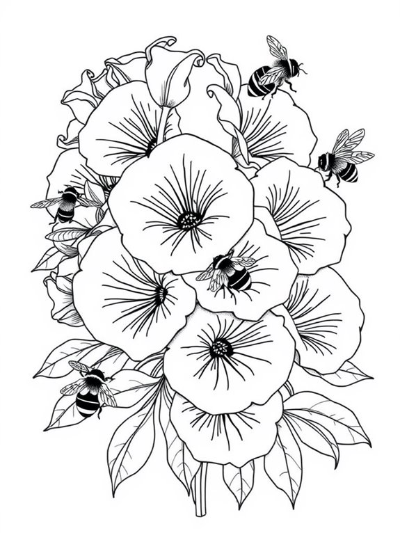 bumblebees among petunias coloring page