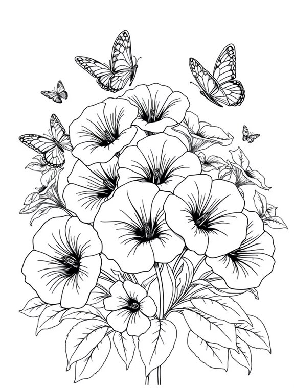 butterflies among blooming petunias