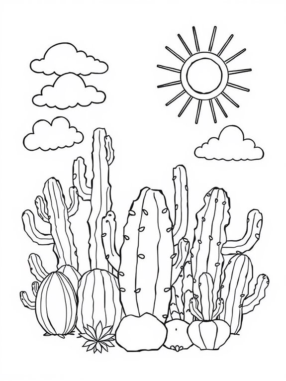 cacti with sun and clouds