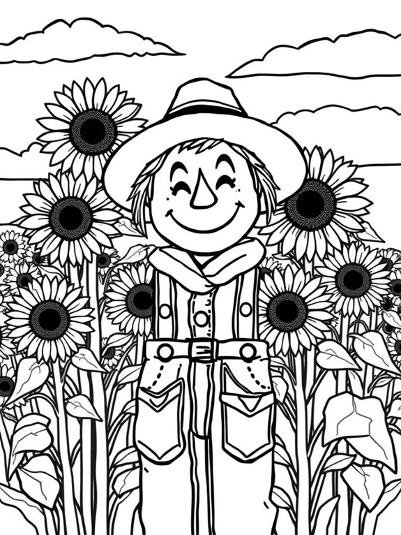 cheerful scarecrow in sunflowers