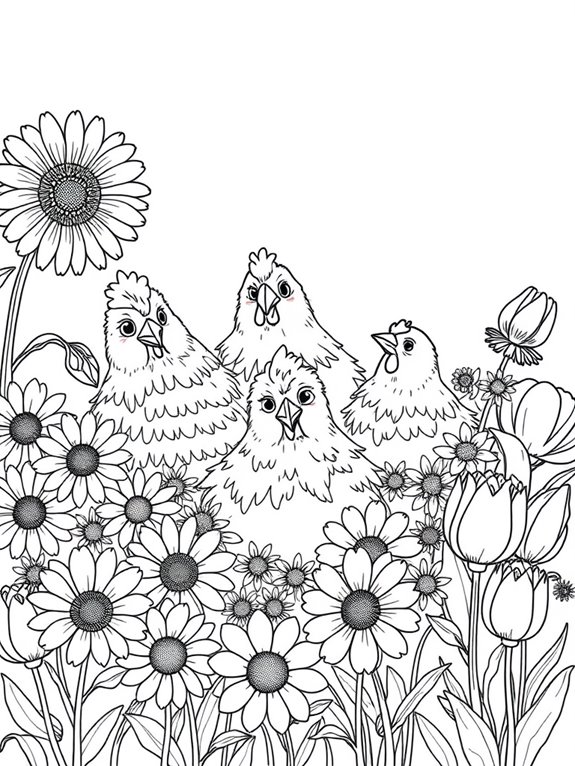 chickens and flowers illustration