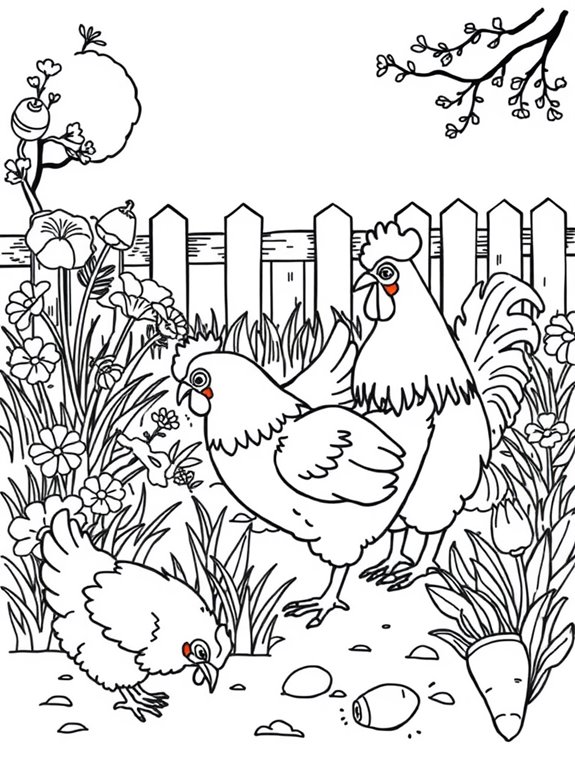 chickens in garden scene