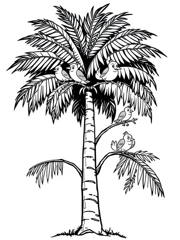 coconut tree with cartoon birds