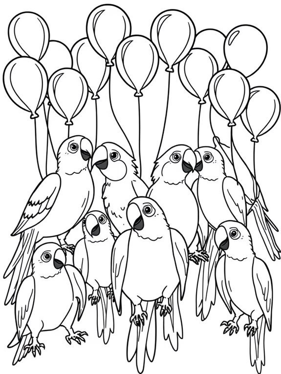 colorful parrots with balloons