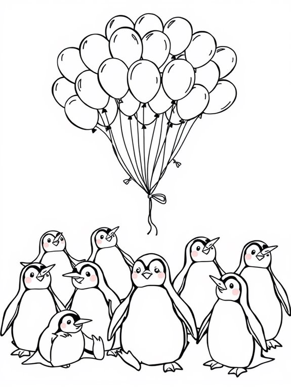 colorful penguins with balloons