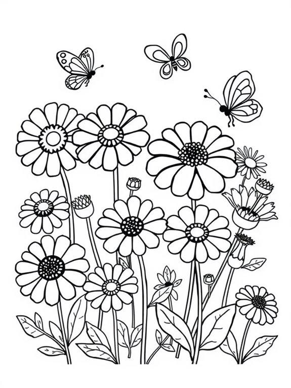 colorful zinnias coloring page