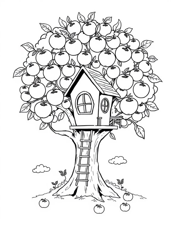 cozy treehouse in apple tree