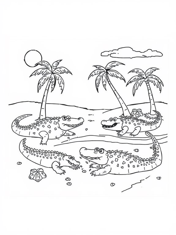 crocodiles on beach backdrop