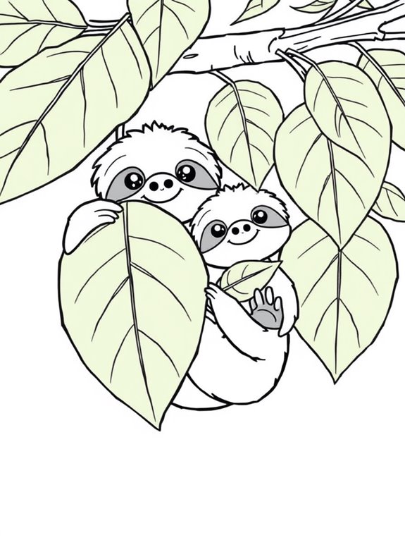 cute sloths munching leaves