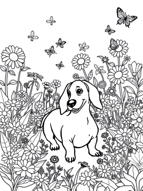 dachshund in vibrant garden