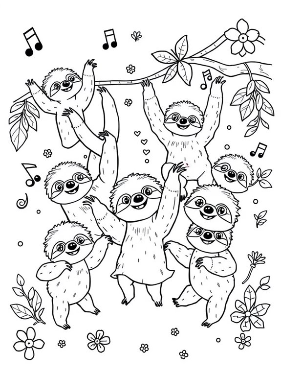 dancing chibi sloths coloring page