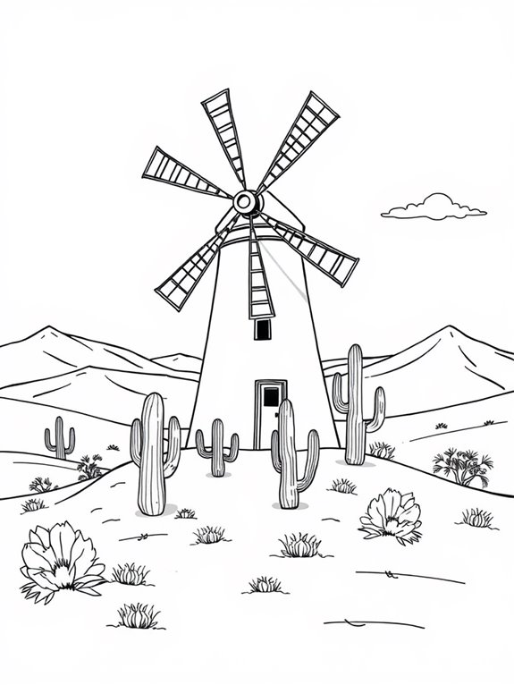 desert themed windmill coloring page