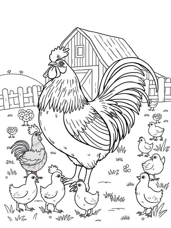 detailed line art chickens