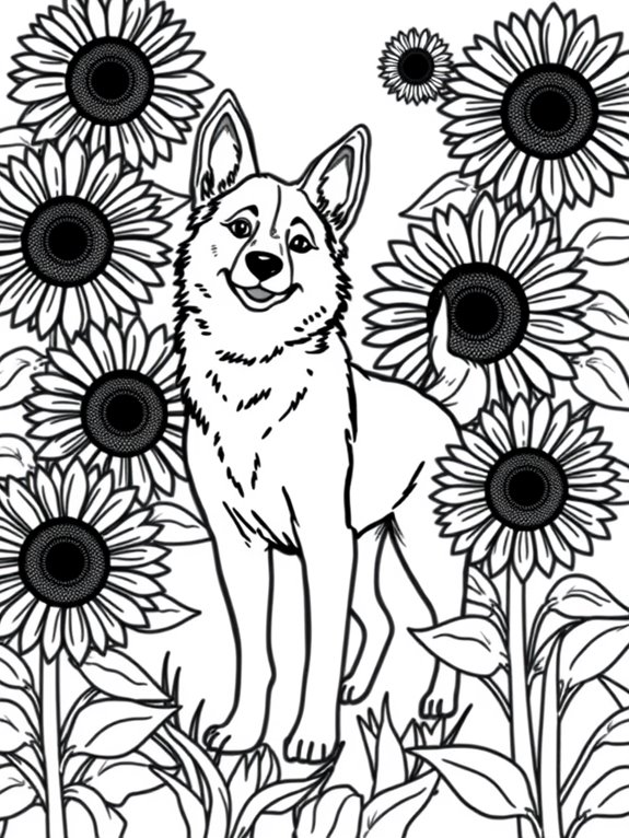 dingo among sunflower blooms