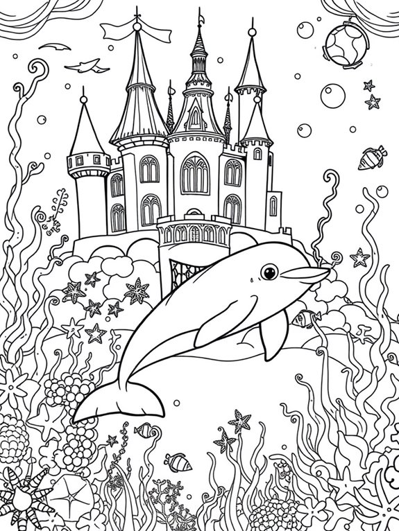 dolphin and castle underwater