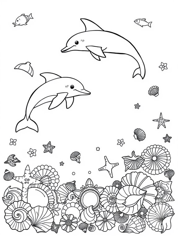 dolphins and seashells coloring page