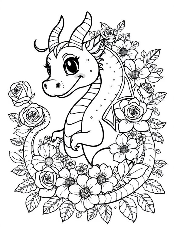 dragon surrounded by flowers