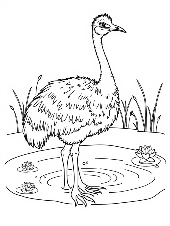 emu beside tranquil pond