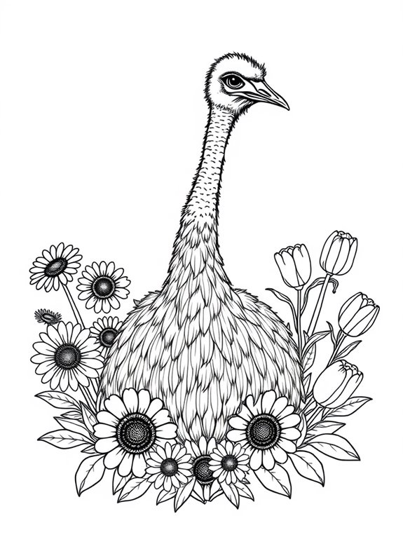 emu surrounded by flowers