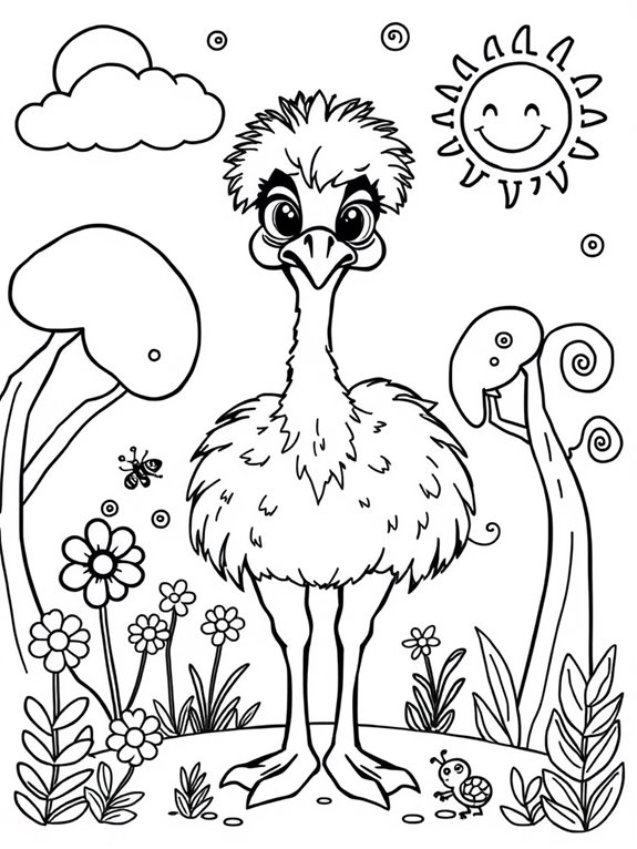 emu with whimsical background