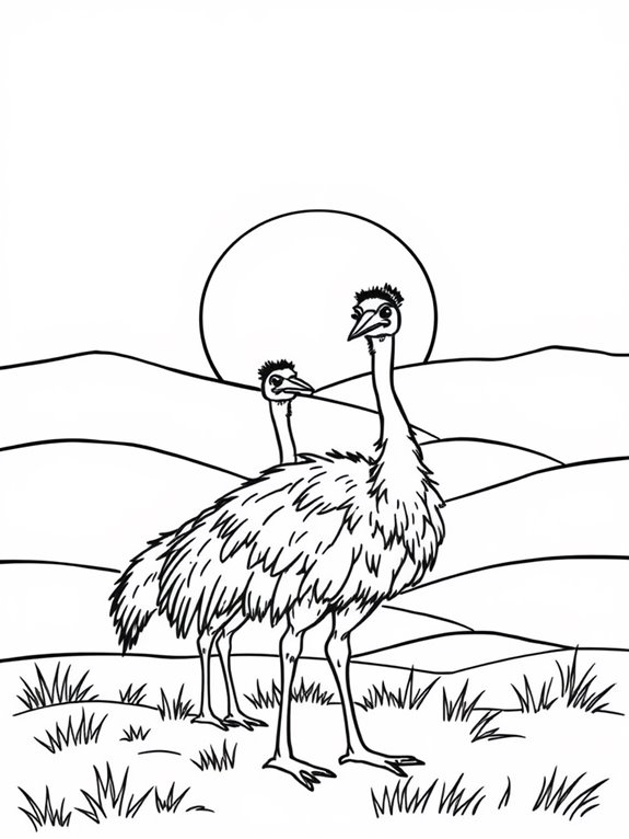 emus under sunset sky