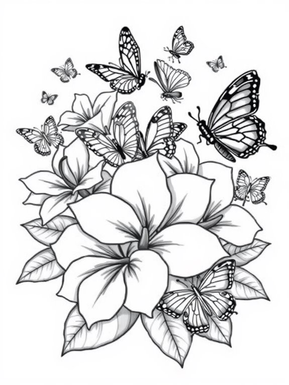 gardenia and butterflies coloring page