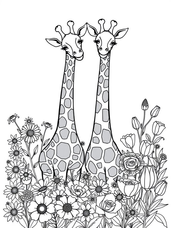 giraffes among blooming flowers