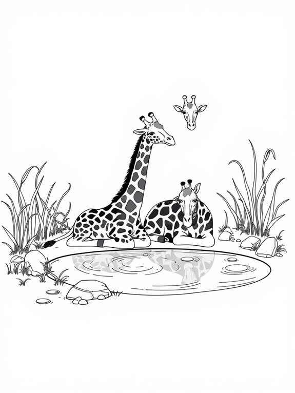 giraffes by a pond