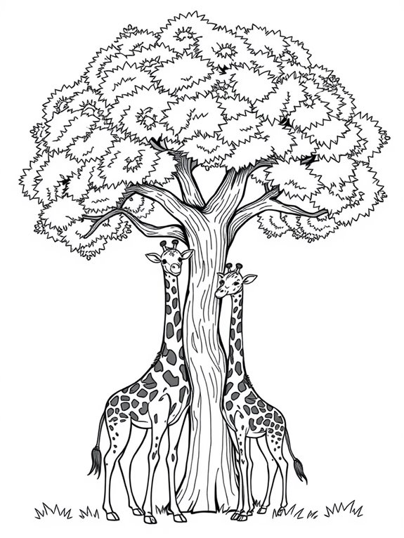 giraffes under tree coloring page