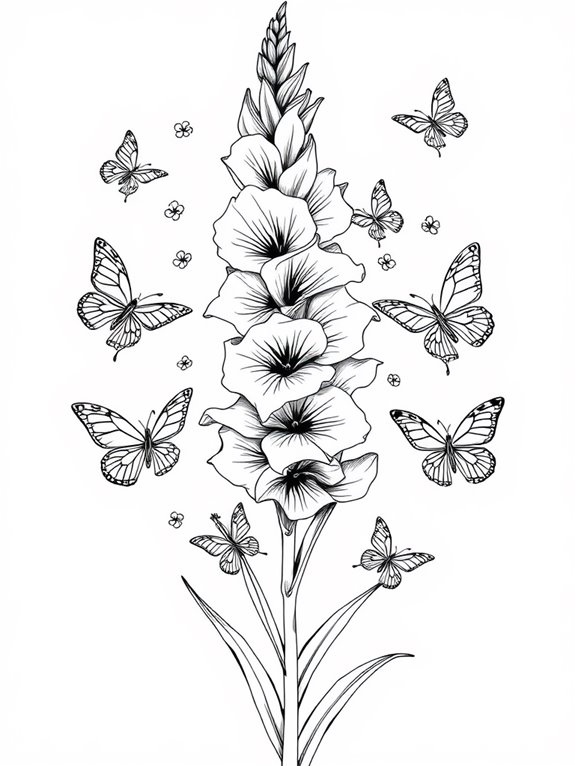 gladiolus flowers and butterflies