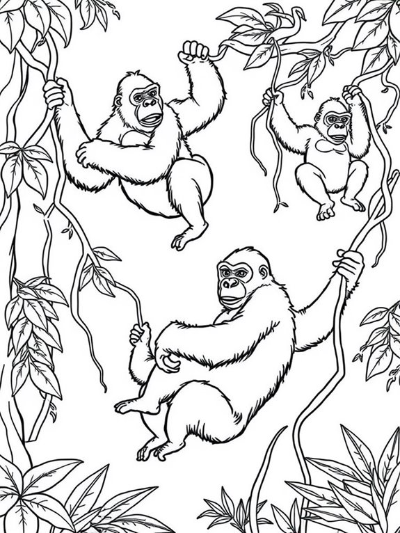 gorillas swinging on vines