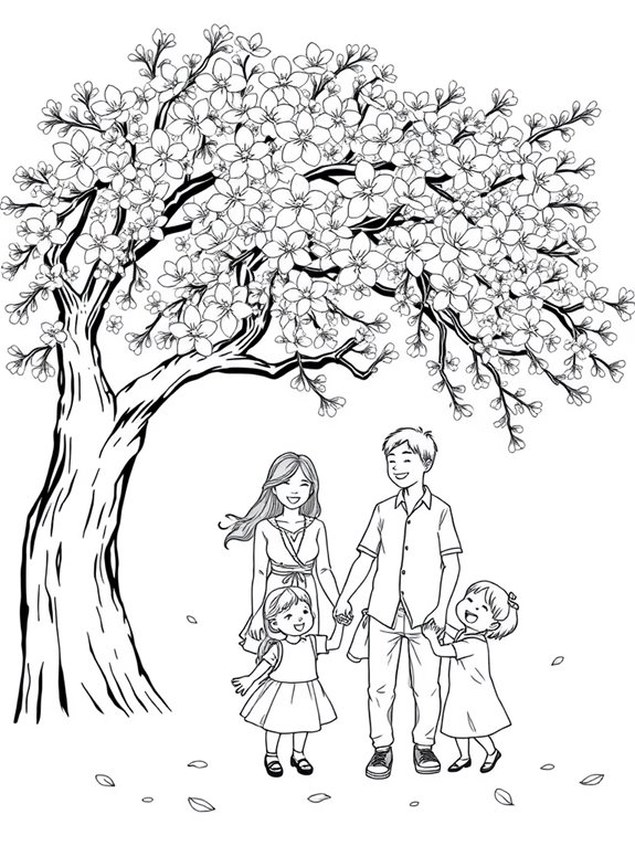 happy family under blossoms