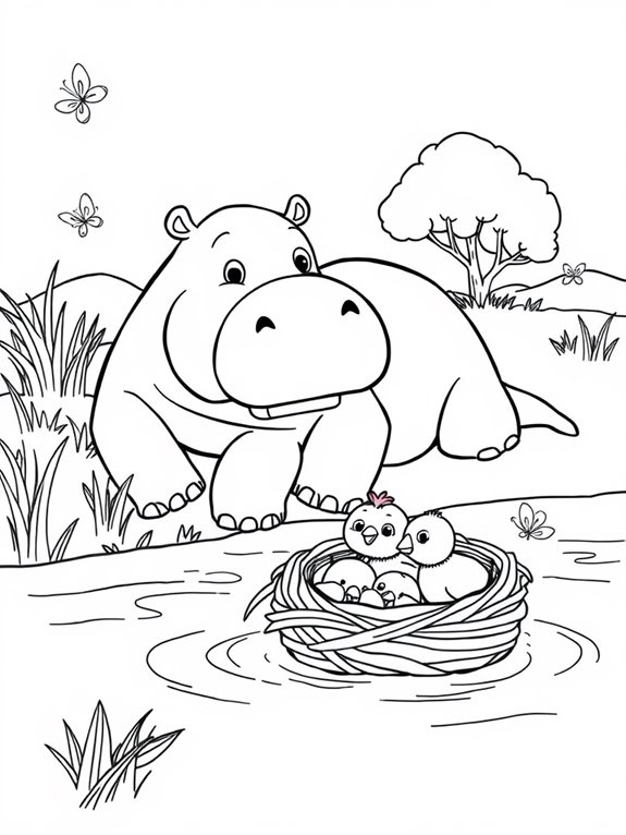 hippos and baby birds