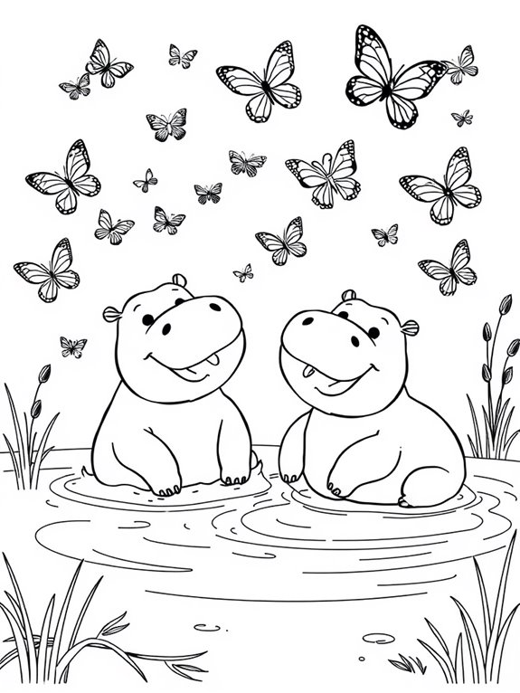 hippos and butterflies coloring page