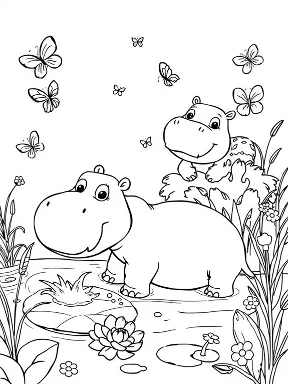 hippos exploring line art