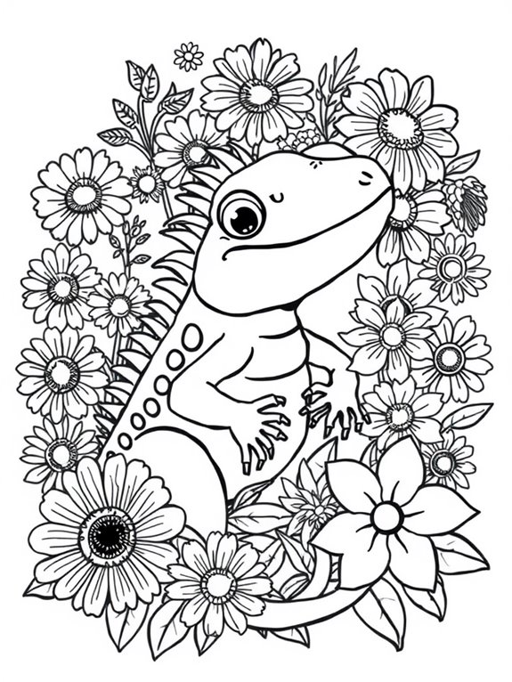 iguana coloring page flowers