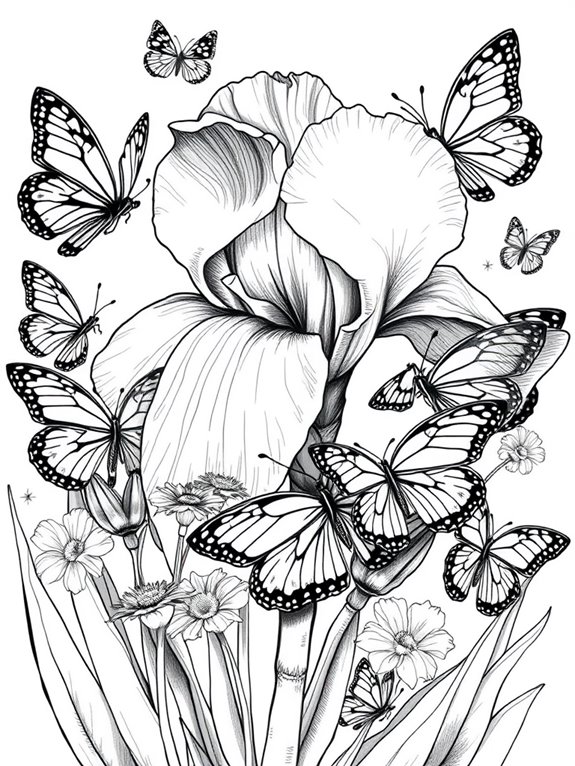 iris flowers and butterflies