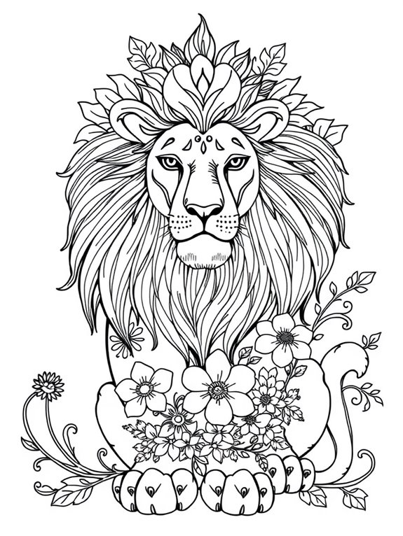 lion surrounded by flowers