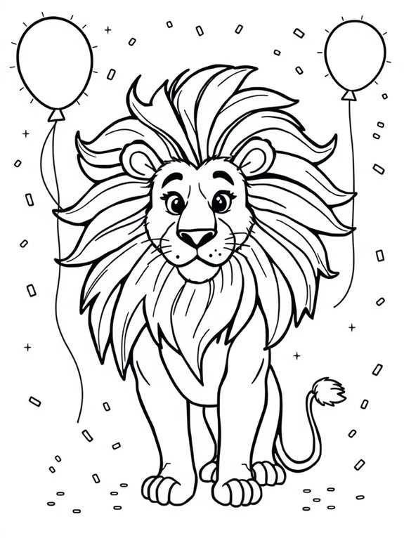 lion with balloons and confetti