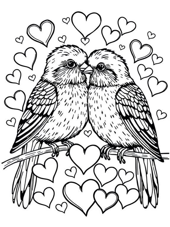 lovebirds surrounded by hearts