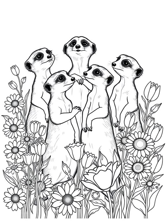 meerkats amidst blooming flowers