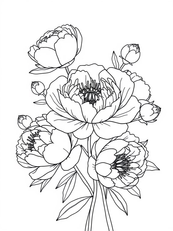 outline focused peony coloring page