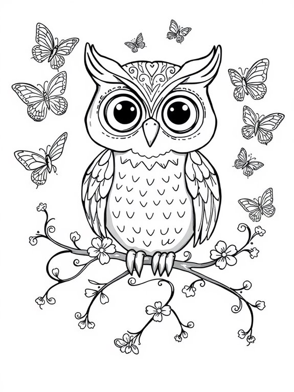 owl and butterfly coloring page