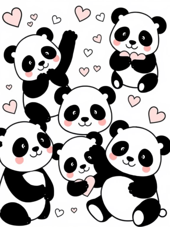 pandas and hearts coloring page