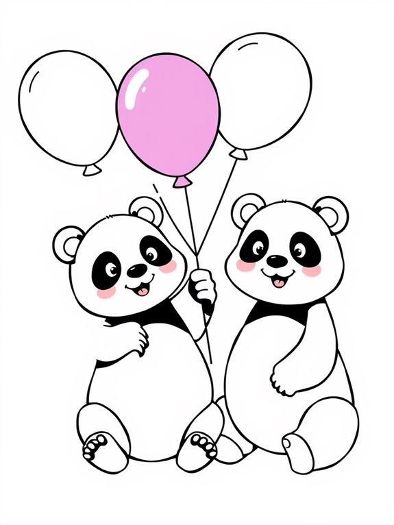 pandas holding colorful balloons