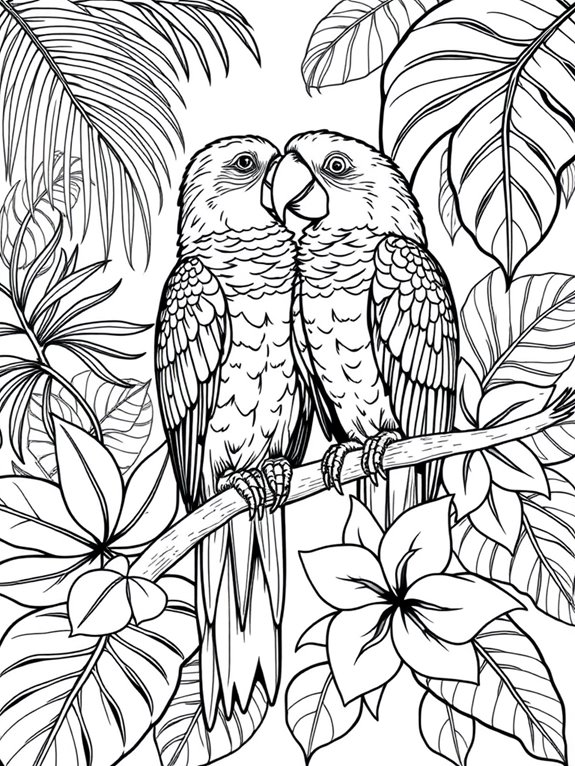 parrots amid tropical foliage